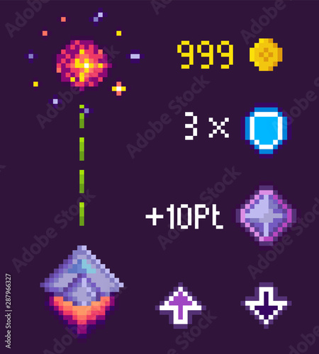 Space Game In Pixel Style Vector Spaceship With Laser Weapon Icons And Points Scored Coins And Shield Arrows Up And Down Number And Info Board Pixelated Mobile App Video Game Stock Vector