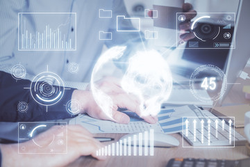 Aufkleber - Multi exposure of chart with man typing on computer in office on background. Concept of hard work.