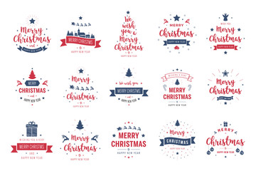 Poster - Merry Christmas. Happy New Year, typography lettering badge emblems quotes set collection. Vector logo design for postcard, invitation, greeting card,  poster, gift.