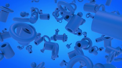 Poster - 3D animation of a set of blue geometric shapes that interact in space on a blue background. Pipes, rings and spheres.