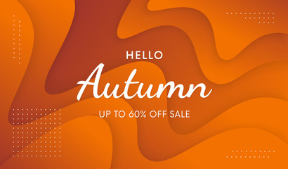 Poster - Hello Autumn trendy banner. Cool fall promo illustration with liquid background vector design.