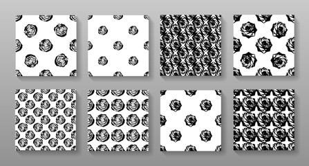 Aufkleber - Set of abstract rose seamless pattern. Black and white geometric backgrounds collection.