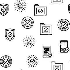 Sticker - Approved symbols Seamless Pattern Vector Linear Pictograms. Black Contour Illustrations