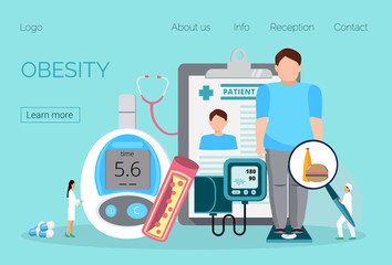 Obesity landing page. Tiny doctors cure a fat man, measure blood pressure, blood sugar, weight.