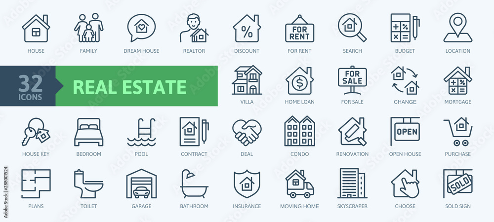 Real Estate minimal thin line web icon set. Included the icons as ...
