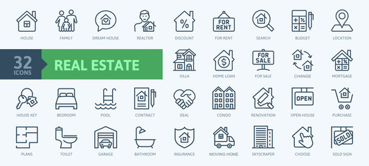real estate minimal thin line web icon set. included the icons as realty, property, mortgage, home l