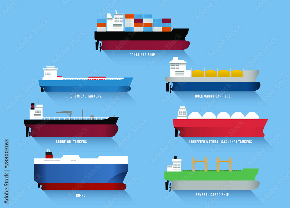 Set of transportation cargo ships, including container ship,  chemical tankers,  bulk cargo carriers, crude oil tankers, liquefied natural gas (LNG) tankers, ro-ro ship and general cargo ship. - obrazy, fototapety, plakaty 