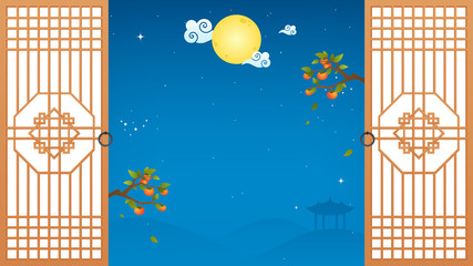 Wall Mural - Autumn Chuseok Background vector illustration. Traditional Korean door with night view and copy space