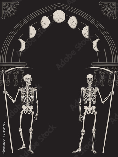 Cuadros en Lienzo Grim Reapers with the scythes in front of the gothic arch with moon vector illustration