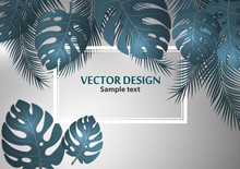 Abstract Background, Bright Exotic Monstera Leaves And Palm Leaves On A Gray Background. Template With Place For Text.