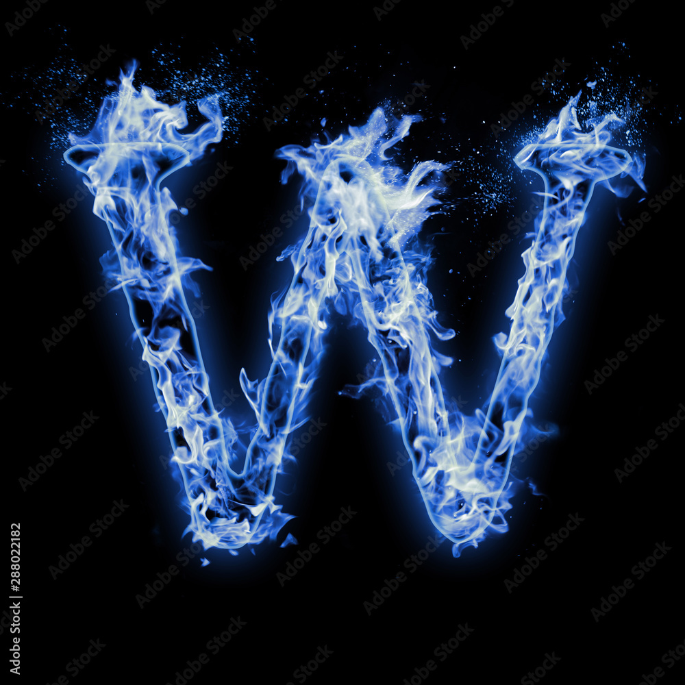 Letter W. Blue fire flames on black isolated background, realistic ...