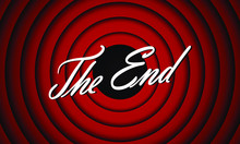 The End Handwrite Title On Red Round Background. Old Movie Ending Screen. Vector Illustration