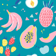 Fototapete - Hand drawn illustrations of fruit in bright colors and modern handrawn sketch style. Neon vector seamless pattern. Endless background of tropical fruit ingredients, good for print textile or wrapping.