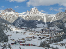 Selva di Val Gardena in the Dolomites, South Tyrol. Winter Landscape of a Alpine Town in Italy