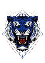 Blue Tiger Head Illustration On The White Background. Vector Tiger Face