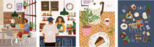 Basic RCafe. Cute Vector Illustration Of People Sitting In A Restaurant, A Man Making An Order In A Bar, A Table With Food In The Kitchen And Many Objects On A Cafe Theme. Drawings For Poster Or BacGB