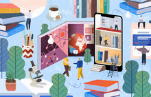 People Communicate And Gain Knowledge Through Books, The Internet And The Phone. Vector Illustration Of Online Learning On The World Wide Web, Digitalization Of Business, Education And Training