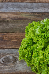 Wall Mural - Head of green fresh salad on an old rough wooden surface, healthy eating concept, selective focus