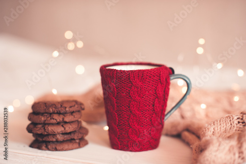 Chosolate Cookies With Knitted Cup Of Tea With Knitted Textile And