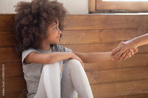 Happy Mixed Race Adorable Little Girl Holding Lent Hand Buy