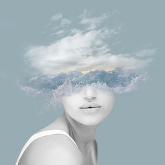 beautiful woman artwork with wave, water, ocean and clouds, double exposure, overlay, abstact collag