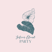 Silver Cloud Party Hand Drawn Lettering. Outline And Silhouette Palm Leaves Logo Design. Rainforest Leafage On Pink Background. Tropical Foliage Illustration. Botanical Postcard, Invitation Design