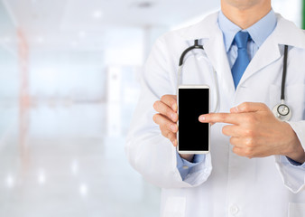 Wall Mural - male doctor pointing at smart phone