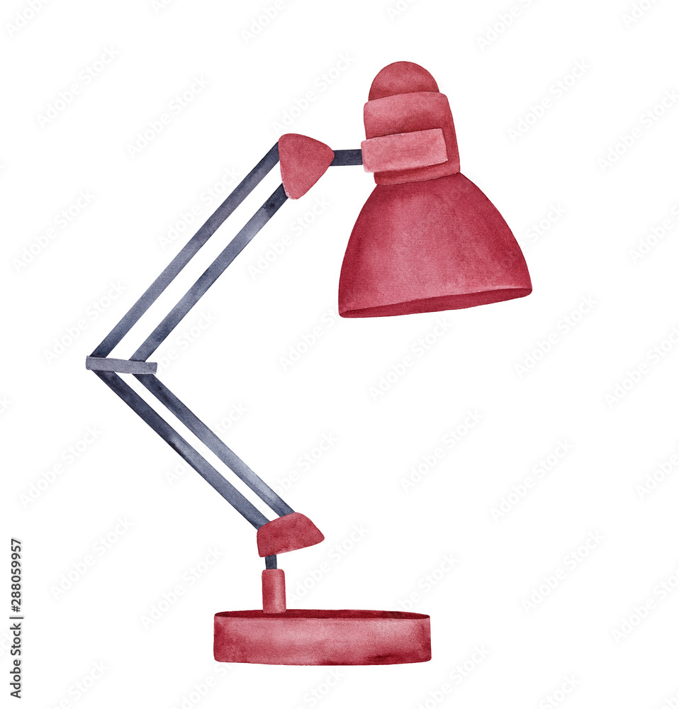 Watercolour illustration of dark red basic desk lamp. One single object,  side view. Handdrawn water color graphic painting on white background,  cutout clip art element for creative design decoration. Stock Illustration |, image size:958x1000