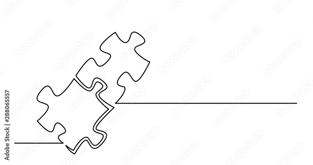 continuous line drawing of two puzzle pieces connected together - obrazy, fototapety, plakaty 