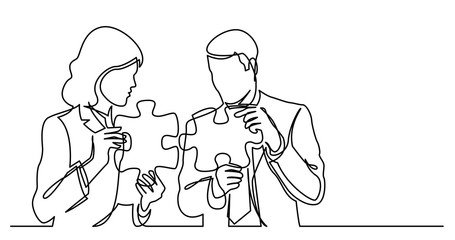 Poster - continuous line drawing of two business persons connecting puzzle pieces together