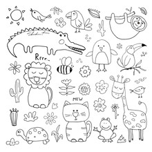 Animal Doodles Set. Cute Animals Sketch. Hand Drawn Cartoon Vector Illustration On White Background