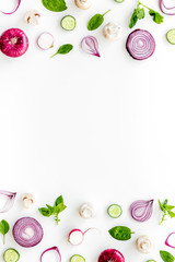 Wall Mural - Cook frame with fresh vegetables on white background top view space for text