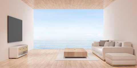 Poster - View of white living room in minimal style with sofa and cabinet on sea view background.Interior design with black screen of television on white wall,TV, 3D rendering.	