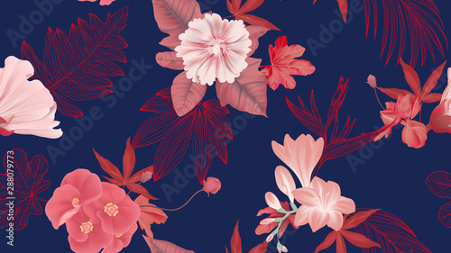 Botanical seamless pattern, various red flowers and leaves on dark blue, red ...
