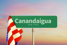 Canandaigua – New York. Road Or Town Sign. Flag Of The United States. Sunset Oder Sunrise Sky. 3d Rendering