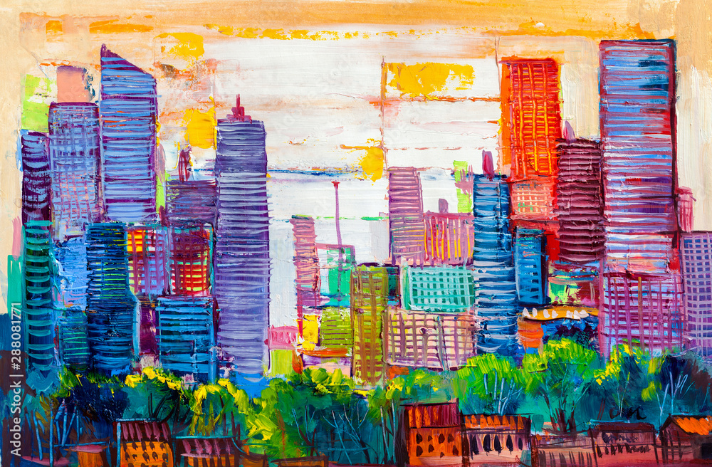 Abstract painting of urban skyscrapers. - obrazy, fototapety, plakaty 