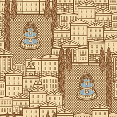 Poster - Vector seamless pattern with old hand drawn houses in retro style. Cityscape background, can be used as wallpaper, wrapping paper, textile, fabric