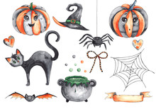 Watercolor Autumn Elements For Children's Halloween Party: Pumpkins, Hats, Black Cat, Owl, Cauldron, Bat, Lollipop, Ice Cream, Balloons