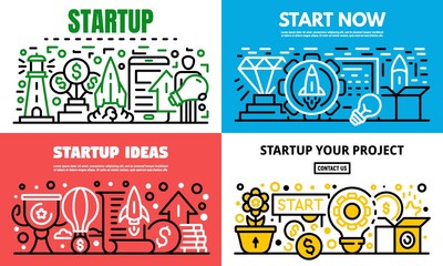 Poster - Media startup banner set. Outline set of media startup vector banner for web design