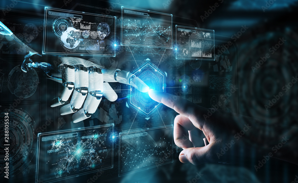 Robot hand and human hand touching digital graph interface 3D rendering ...