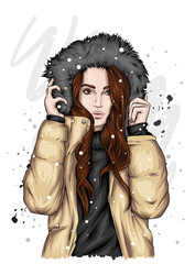 Beautiful girl with long hair in a warm jacket and a hood with fur. Fashion and style, clothes and accessories. Autumn and winter. Vector illustration for a card or poster. Hipster.