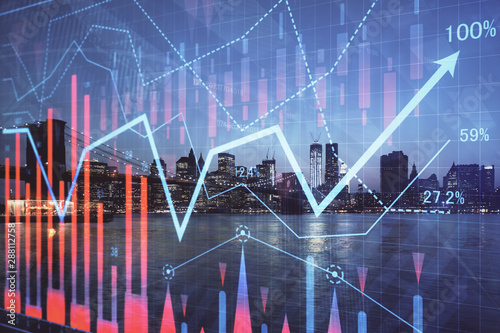Fotomural Financial graph on night city scape with tall buildings background double exposure