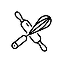Black Line Icon For Crossed Rolling Pin And Whisk 