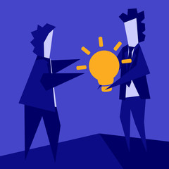 Vector doodle - concept of teamwork, business development assistance, sharing an idea. A simple flat symbolic illustration of how one person gives another a light bulb