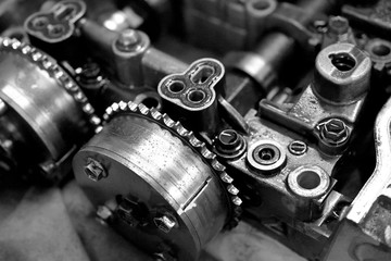 car engine fragment macro, monochrome, blurred background