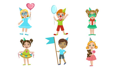 Sticker - Happy Kids Celebrating Party with Balloons, Party Hats, Flags and Masks, Happy Birthday Set Vector Illustration