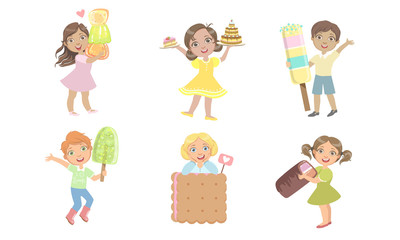 Sticker - Cute Kids Eating Sweet Desserts Set, Happy Boys and Girls with cake, Marmalade, Ice Cream, Cookie, Popsicle Vector Illustration