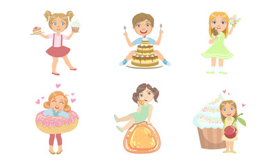 Poster - Kids with Sweet Desserts Set, Happy Boys and Girls Eating Cake, Candies, Ice Cream, Donut Vector Illustration