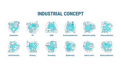Wall Mural - Industrial blue concept icons set. Economy segment idea thin line illustrations. Primary, secondary industry. Batch production, labour union. Vector isolated outline drawings. Editable stroke