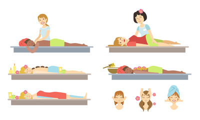 Sticker - Beautiful Woman Relaxing at Spa Salon Set, Girl Taking Body and Facilal Massage Treatment Vector Illustration